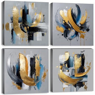4 Piece Abstract Gray Wall Art Blue and Gold Pictures Wall Decor Modern Luxury Canvas Prints Office Artwork for Walls