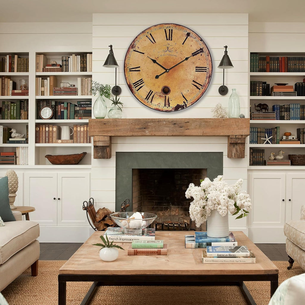 Rustic Large Wall Clock Silent Battery Operated for Farmhouse Livingroom,24 Inch Vintage Wall Clock Non-Ticking for
