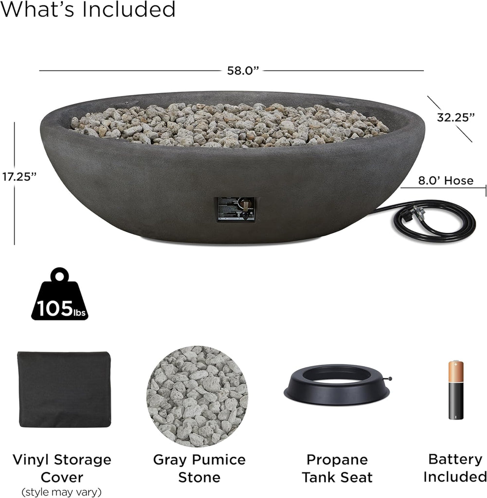Riverside 58" Oval Propane Fire Pit Bowl, Push-Button Ignition, Includes 28" Stainless Steel Burner