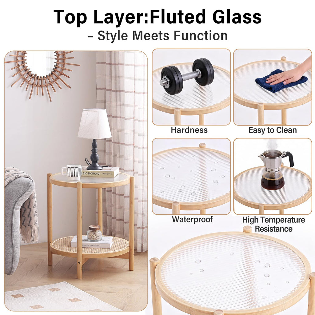 Rattan Side Table, Modern Round Bamboo, Glass Top, Wood