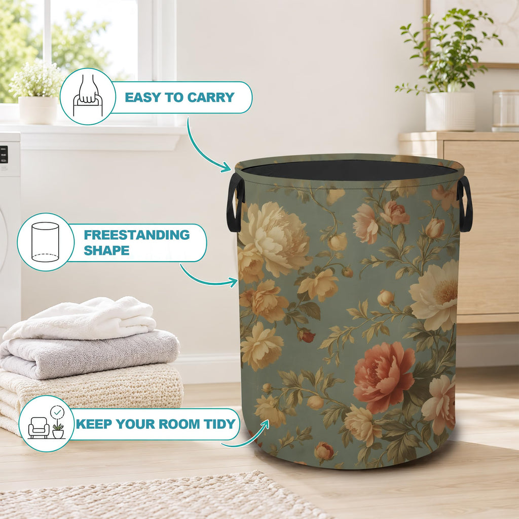Vintage Peony Floral Dirty Clothes Hamper, Foldable Laundry Basket with Handles, Farmhouse Rustic Waterproof Oxford