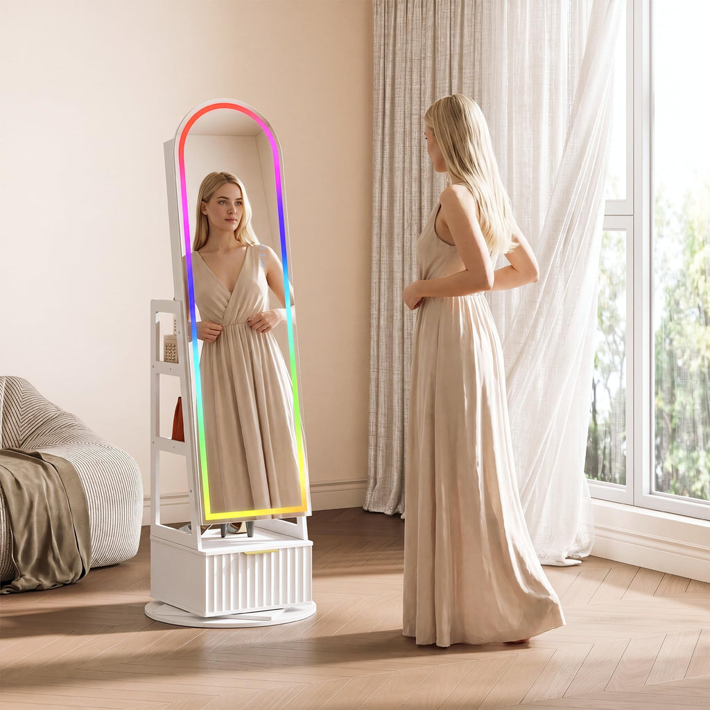 RGB Jewelry Cabinet with Full Length Mirror, 360° Swivel & Remote Control