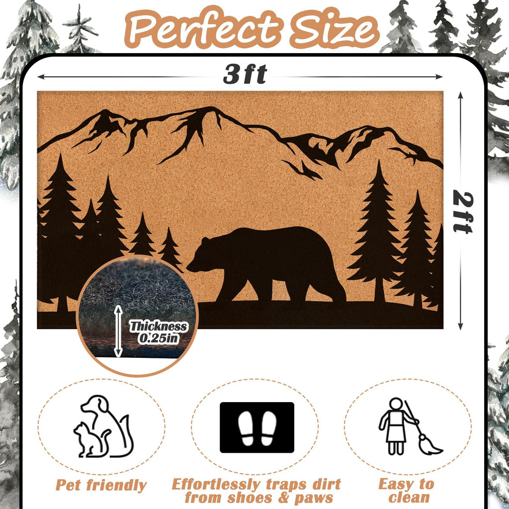 2x3 ft Rustic Black Bear Coir Door Mat, Heavy Duty Rubber Backing