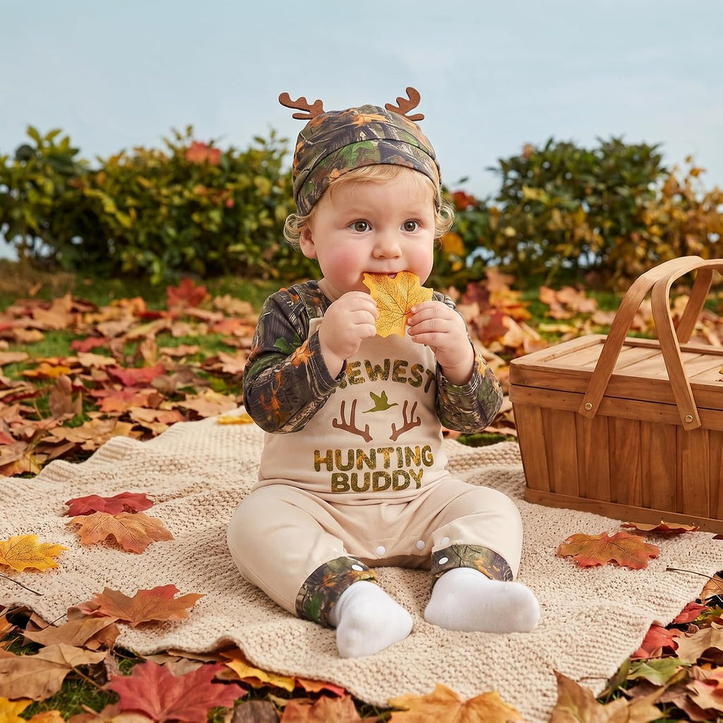 Newborn Baby Boy Fall Clothes Hunting Buddy Long Sleeve Romper Suspender Pants Overall Outfit Hat Set