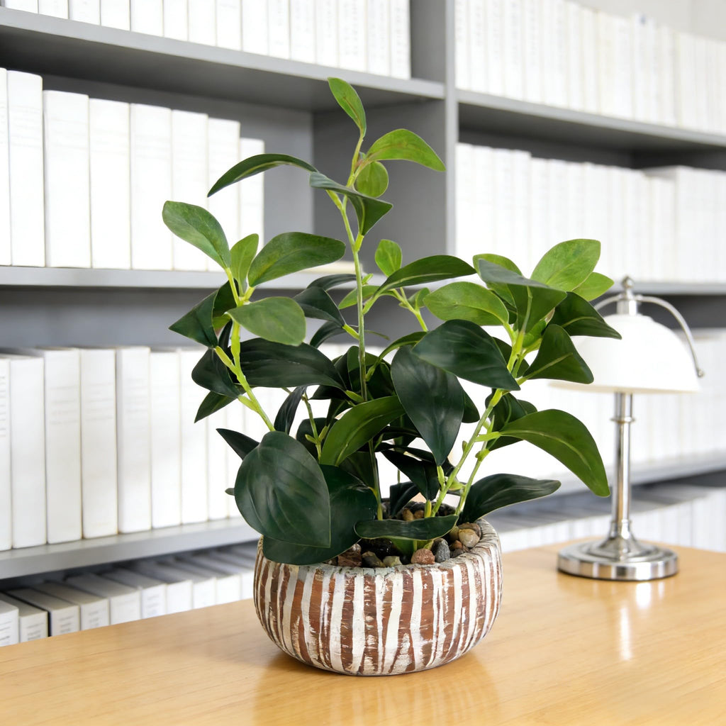 Artificial Potted Plants Life-Like Fake Plant with Farmhouse-Style Cement Planter Feturing Light Wood Tone for Room
