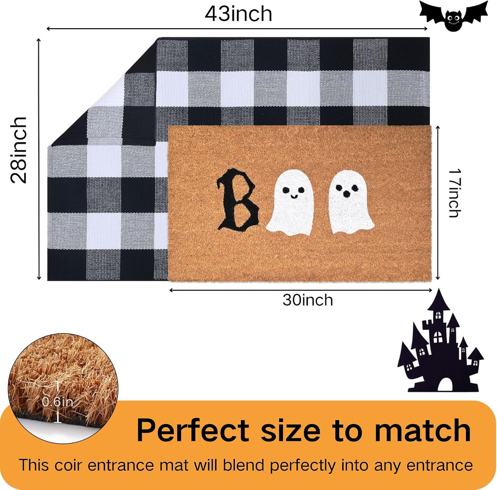 Halloween Door Mat Combo Set, Boo Ghost Coco Coir Welcome Doormat + 28" x 43" Black and White Plaid Rug, Autumn