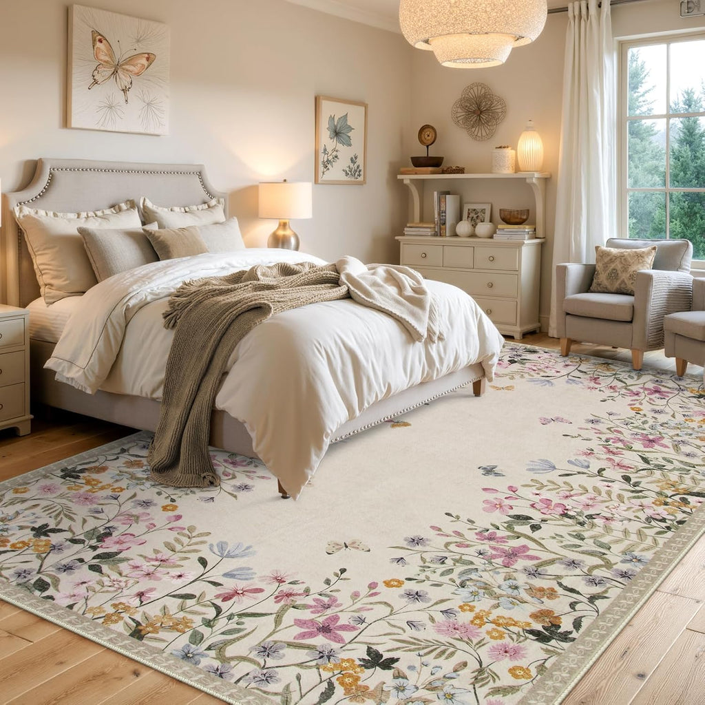 Washable 6x9 Area Rugs, Large Living Room Rug, Non-Slip Soft Floral Rugs for Bedroom, Botanical Area Rug Carpet for