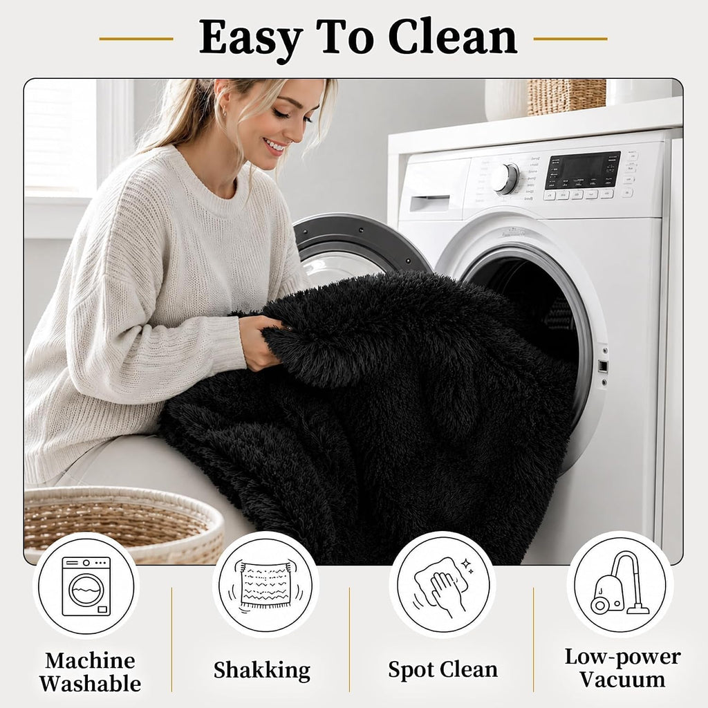 Fluffy Shag Area Rug Living Room Bedroom Washable Black