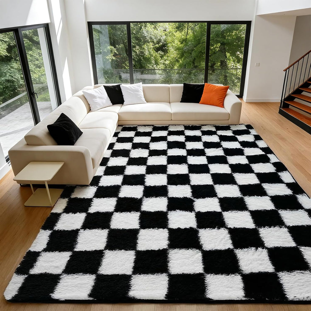 Checkered Shag Area Rug 8'x10', Black and White Plush Rug, Non-Slip Soft Carpet Nursery, Modern Floor Decor with