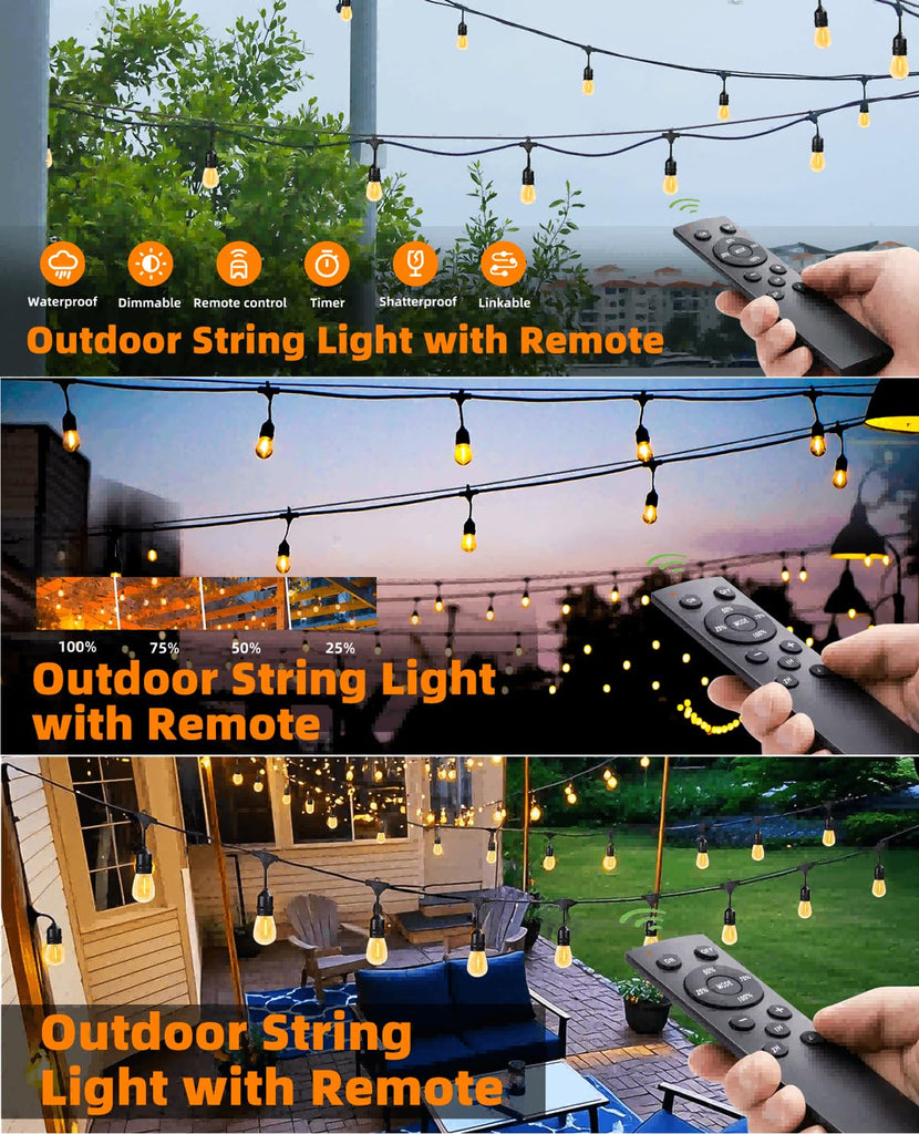Outdoor String Lights Remote Control Patio Lights Waterproof Commercial Grade, 30+2 Replaceable Dimmable Edison