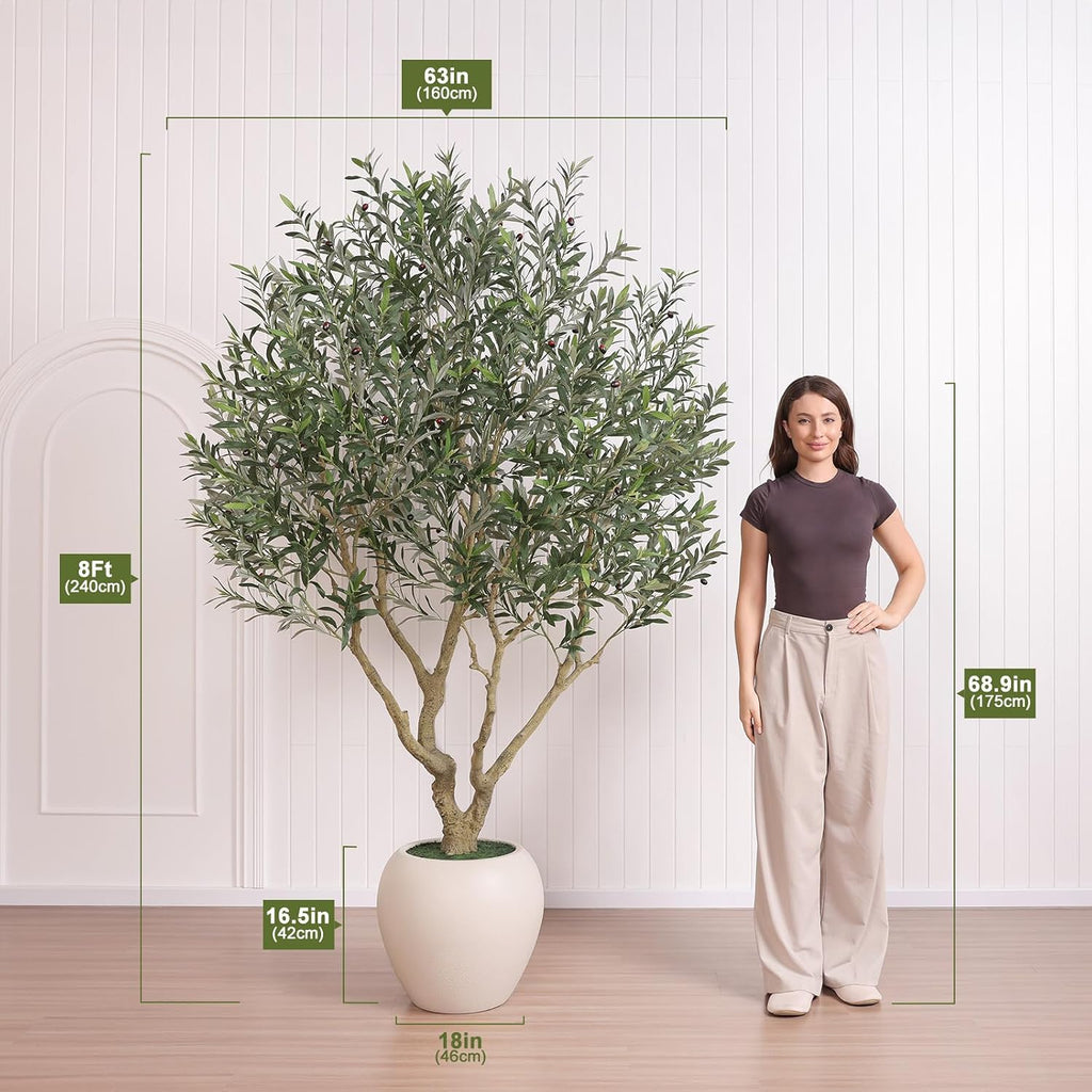 8ft Artificial Olive Tree, Natural Wood Trunk, 18in Planter