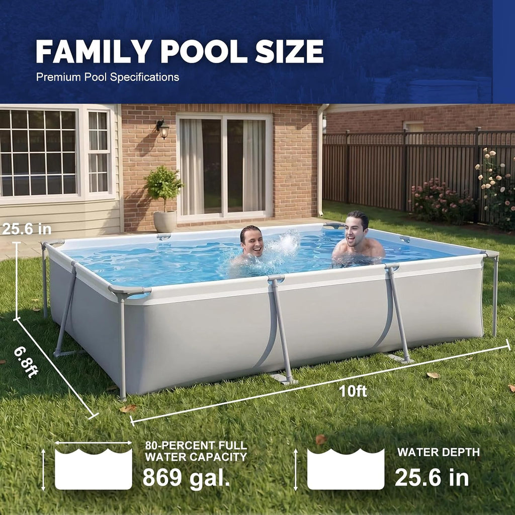 Above Ground Swimming Pool with Filter Pump, Outdoor Rectangular Steel Frame Swimming Pool for Kids Adults,10ft x