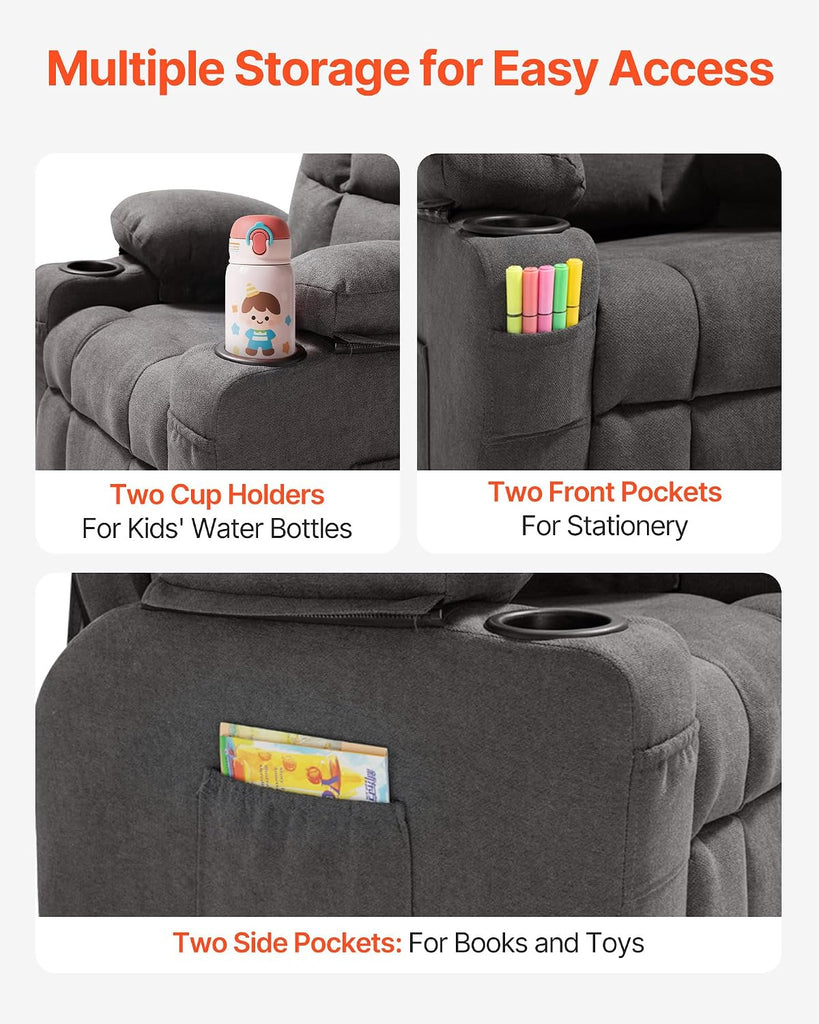 Kids Recliner Chair, Toddler Lounger with Cup Holders & Pockets, 107° to 126° Adjustable Back, Breathable Polyester