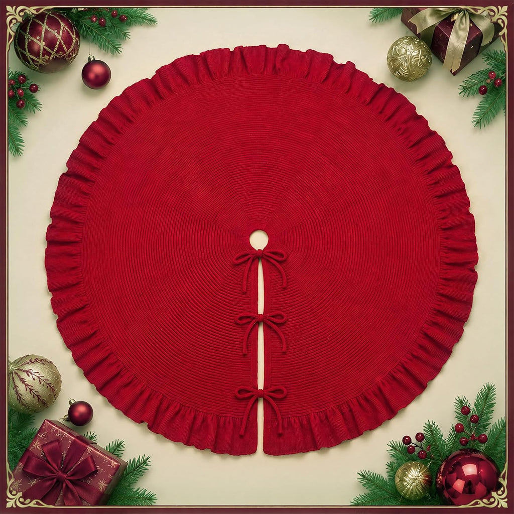 Red Knit Christmas Tree Skirt with Ruffle, 60 Inch