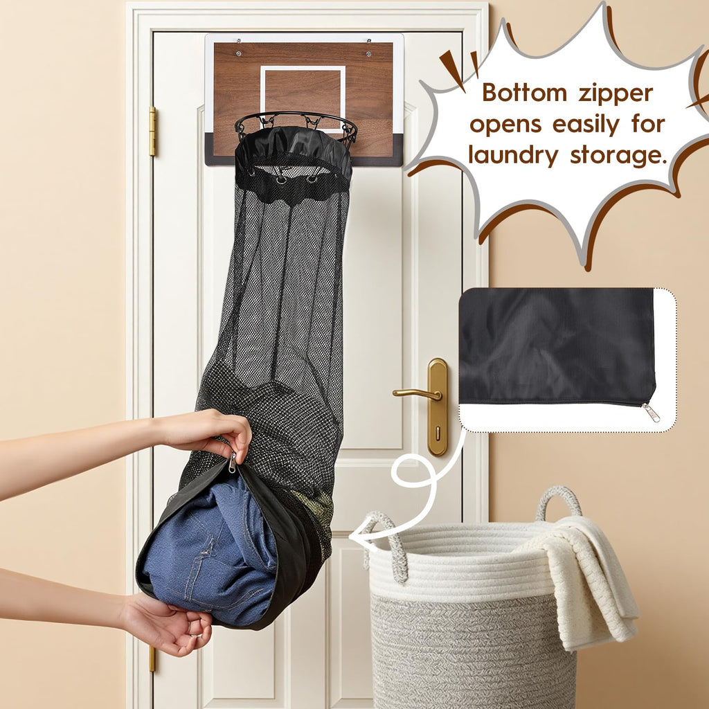 Over the Door Basketball Hamper,Wooden Hanging Basketball Hoop Laundry Basket with Zipper,3 Balls and Pump for Kids