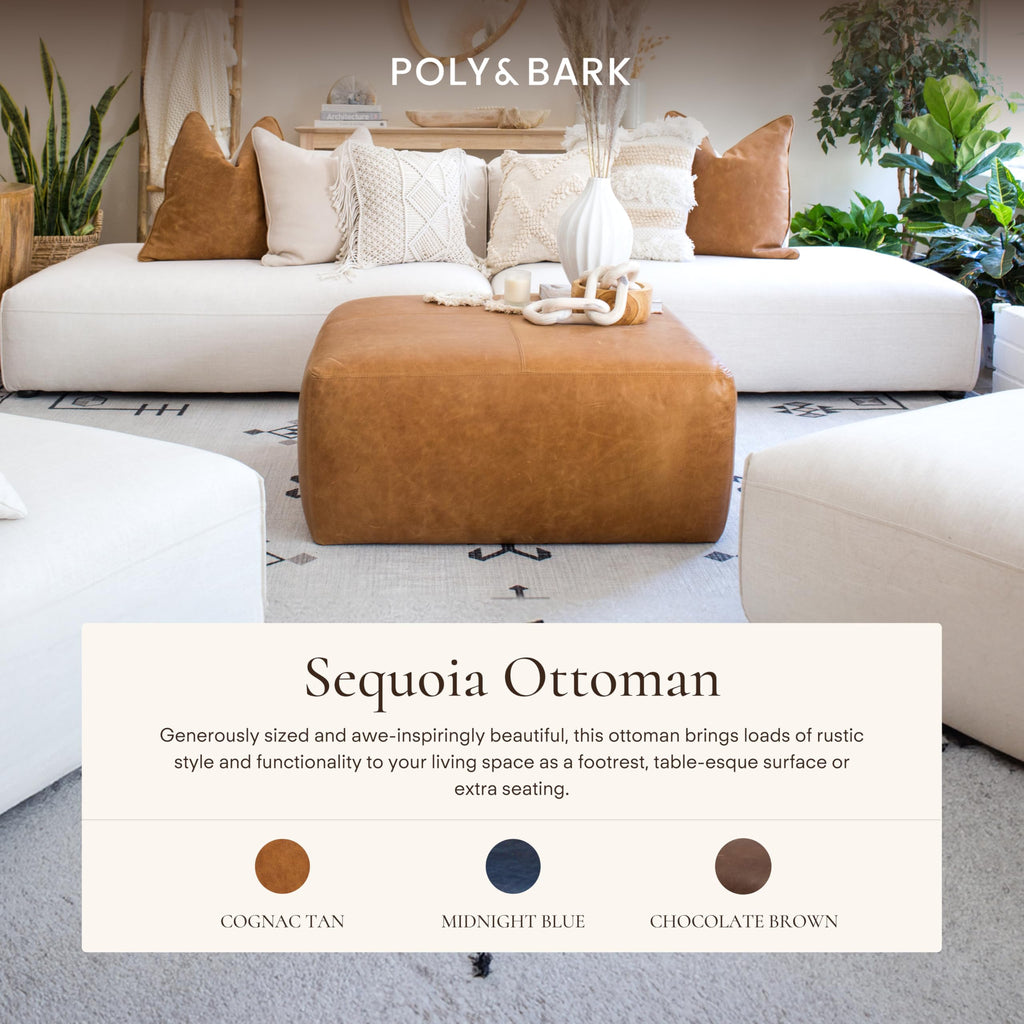 Sequoia Ottoman - 35" Square Pouf with Feather-Down Topper - Full-Grain Leather Upholstered Pouf Ottoman - Vintage