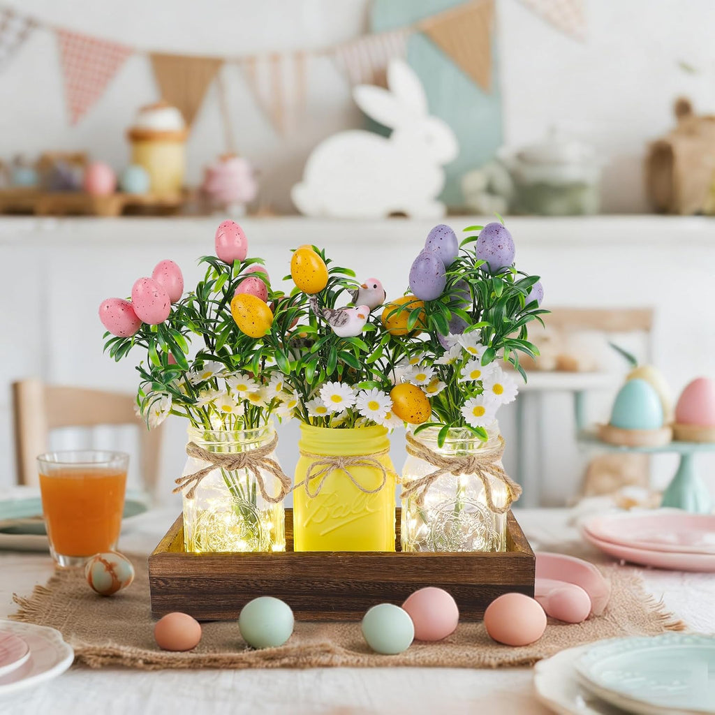 Easter Decorations, Easter Table Centerpiece with Egg Picks in Glass Vases, Wood Tray & Led Lights with Timer, Spring - Set of 3
