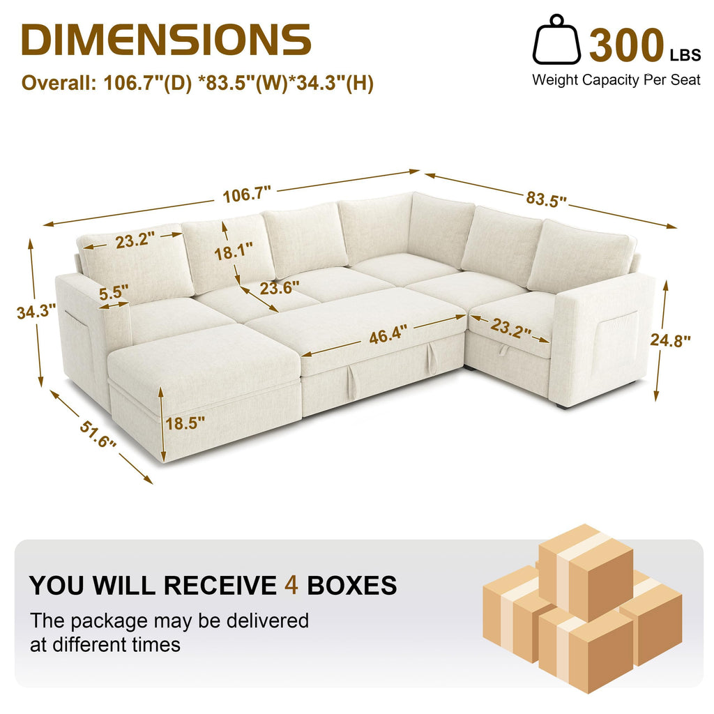 106.7" U-Shaped Modular Sectional Sofa with Pull-Out Bed & Storage, Modern 7-Seat Convertible Couch, Comfy L-Shape