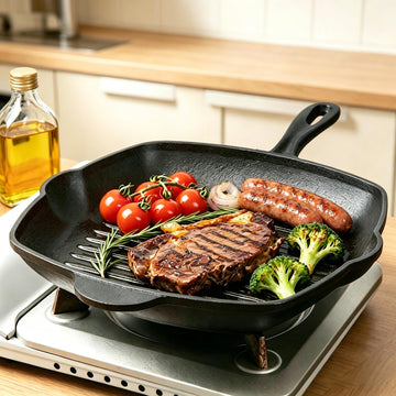 Cast Iron Square Grill Pan, Grilling Skillet Steak Pan, Works on All Cooktops Including Induction (10 inch)