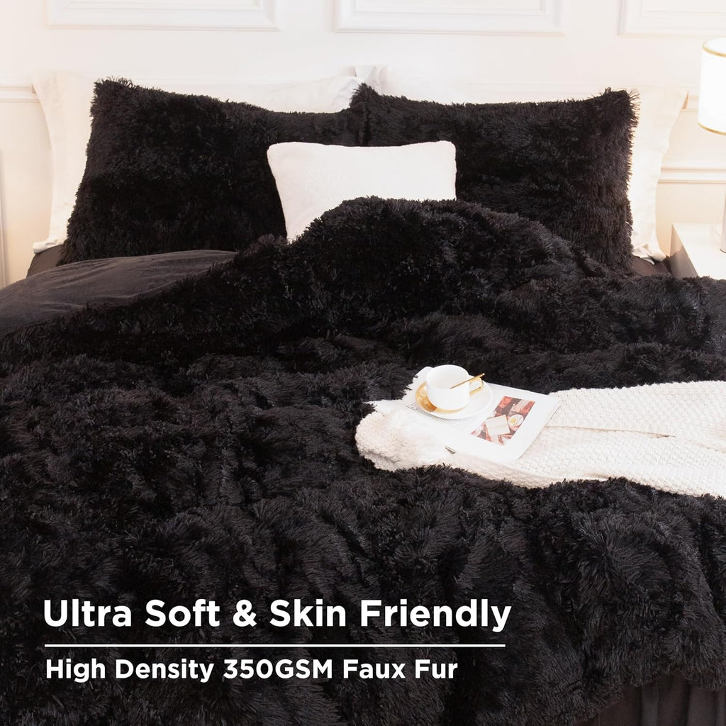 Queen Comforter Set Black, Fluffy Winter Faux Fur Warm Soft Plush Bedding Comforter Set (1 Velvet Comforter & 2
