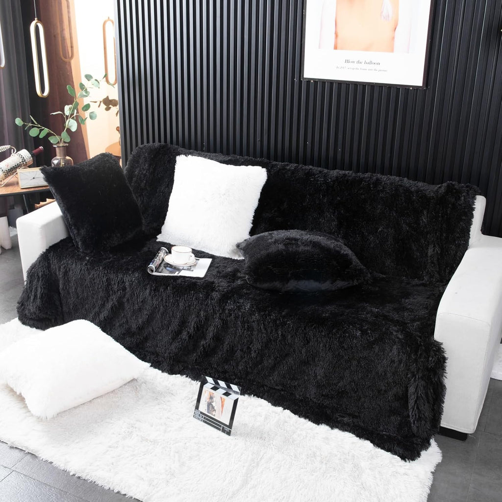 Long Faux Fur Throw Blanket,2 Layers,2.1lb,All Ages,Home Decoration, (Black,50" x 60")