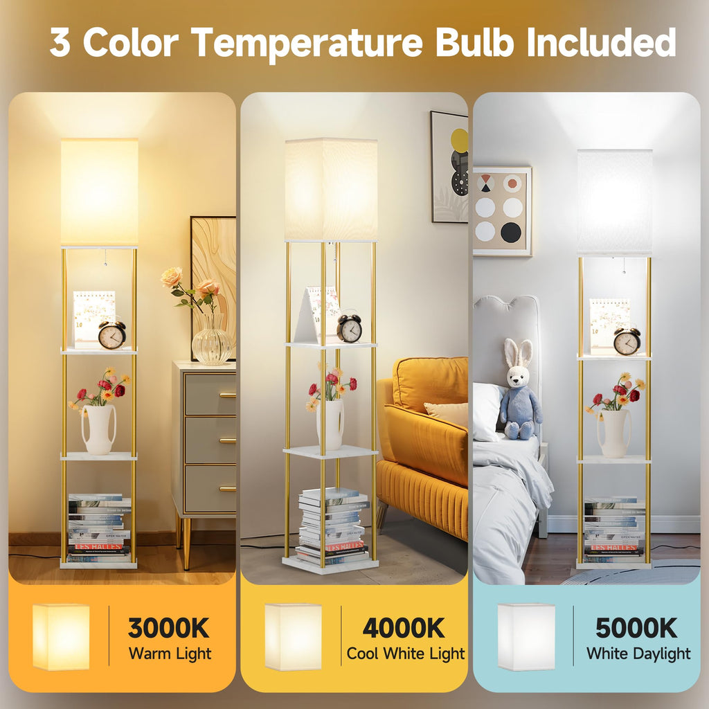 Floor Lamp with Shelves, 3-Tier Square Modern Shelf Lamp