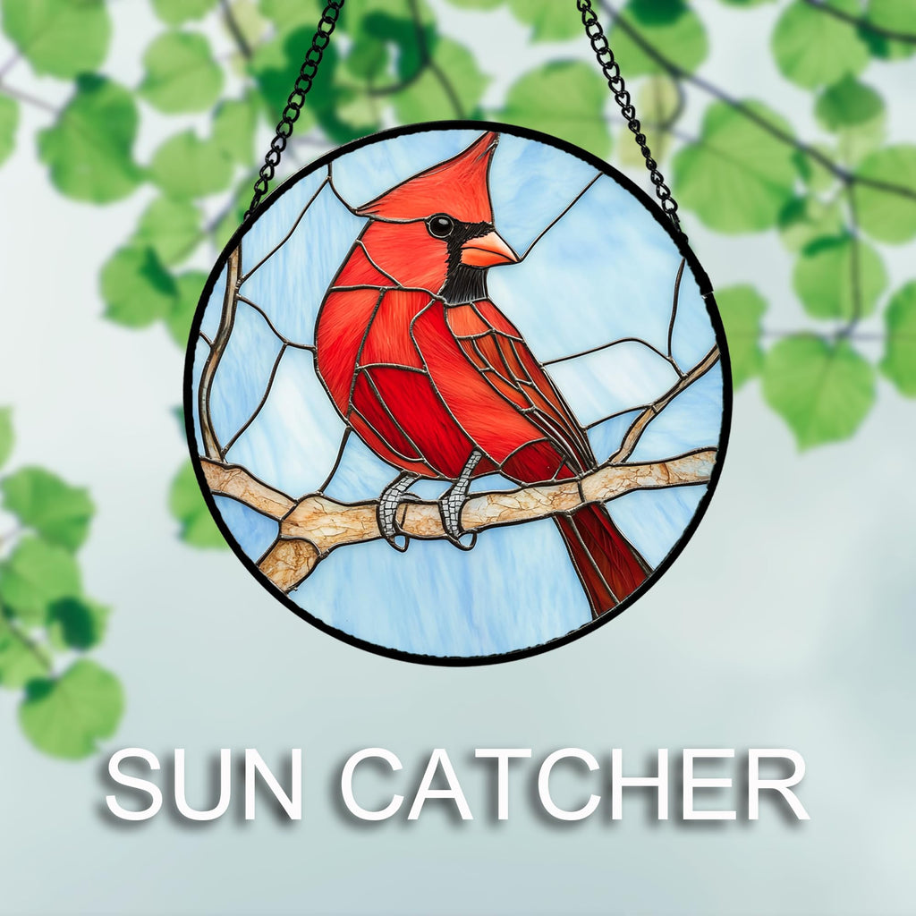 Stained Glass Window Hanging 4 Pcs Set Cardinal Blue Birds 9.8" - Suncatcher Door Garden Decor Birthday Mother's Day