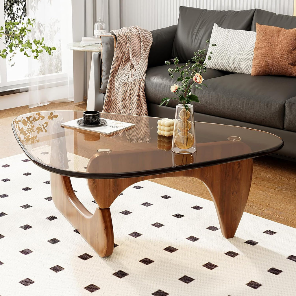 Coffee Table Mid Century Modern Center Table with Glass Top and Wood, Brown/Walnut