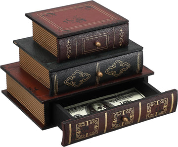 Vintage Decorative Book Box with Three-Layer Drawer, Antique Decorations Wooden Fake Book Jewelry Box Decorative