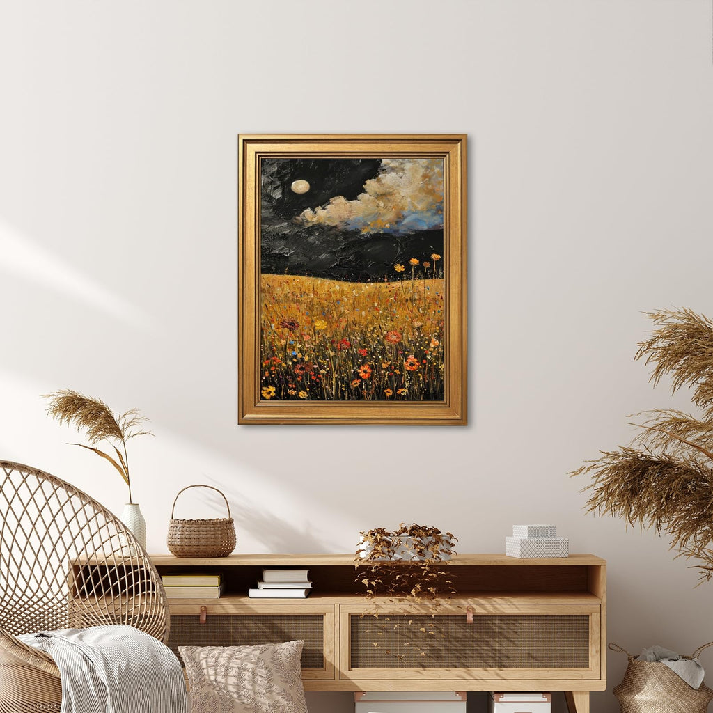 Gold Framed Yellow Wildflowers Field Painting Abstract Night Sky Moon Wall Art Canvas Print Vintage Floral Picture