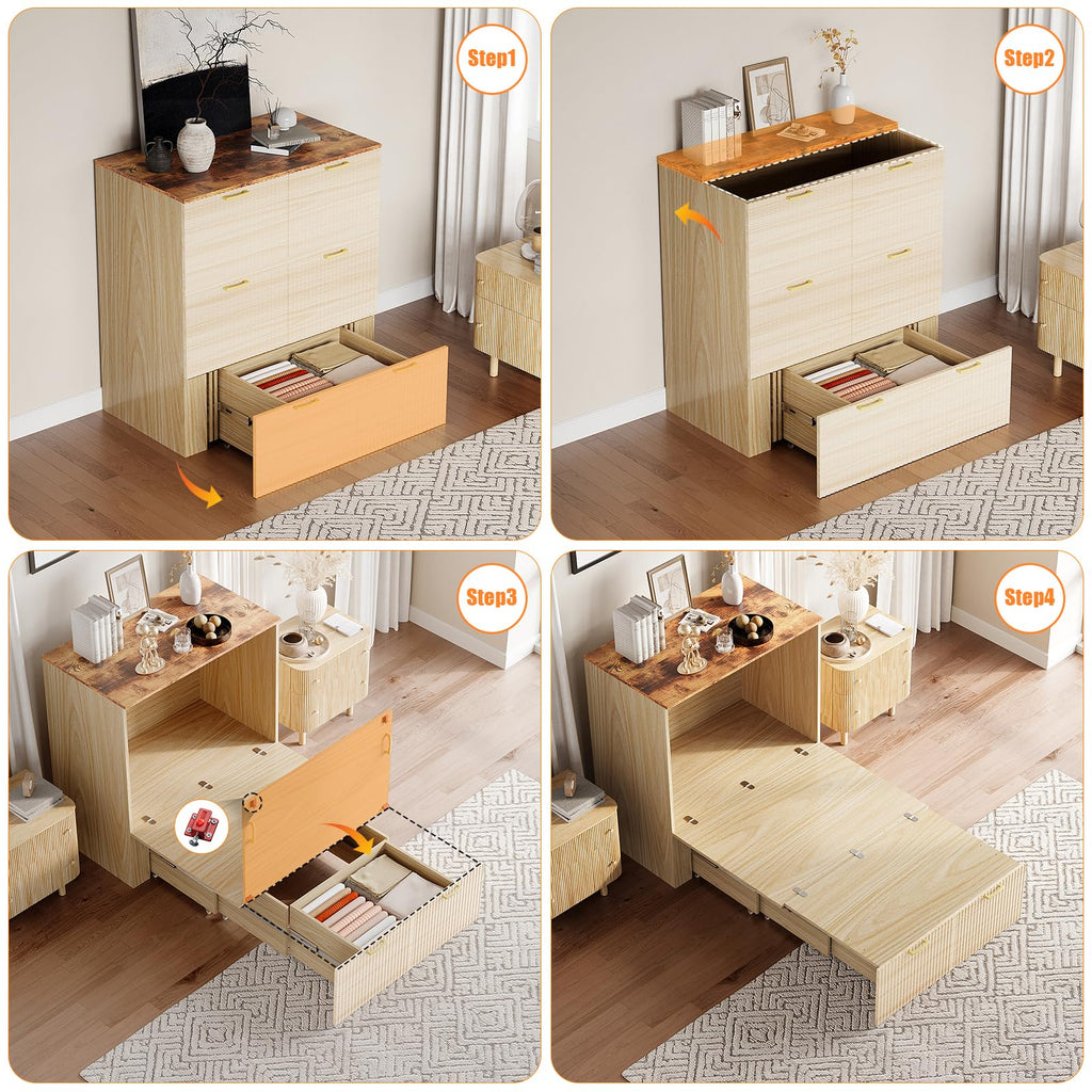 Twin Murphy Bed with Storage Drawer, Fluted Wooden Foldable Bed Cabinet with Charging Station, Boho, Hideaway Paltform