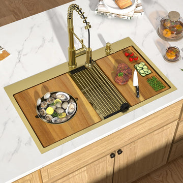 36x22" Gold Drop Sink, Workstation All-In One, SUS304 | 16 Gauge Stainless Steel Single Bowl Topmount Large Kitchen