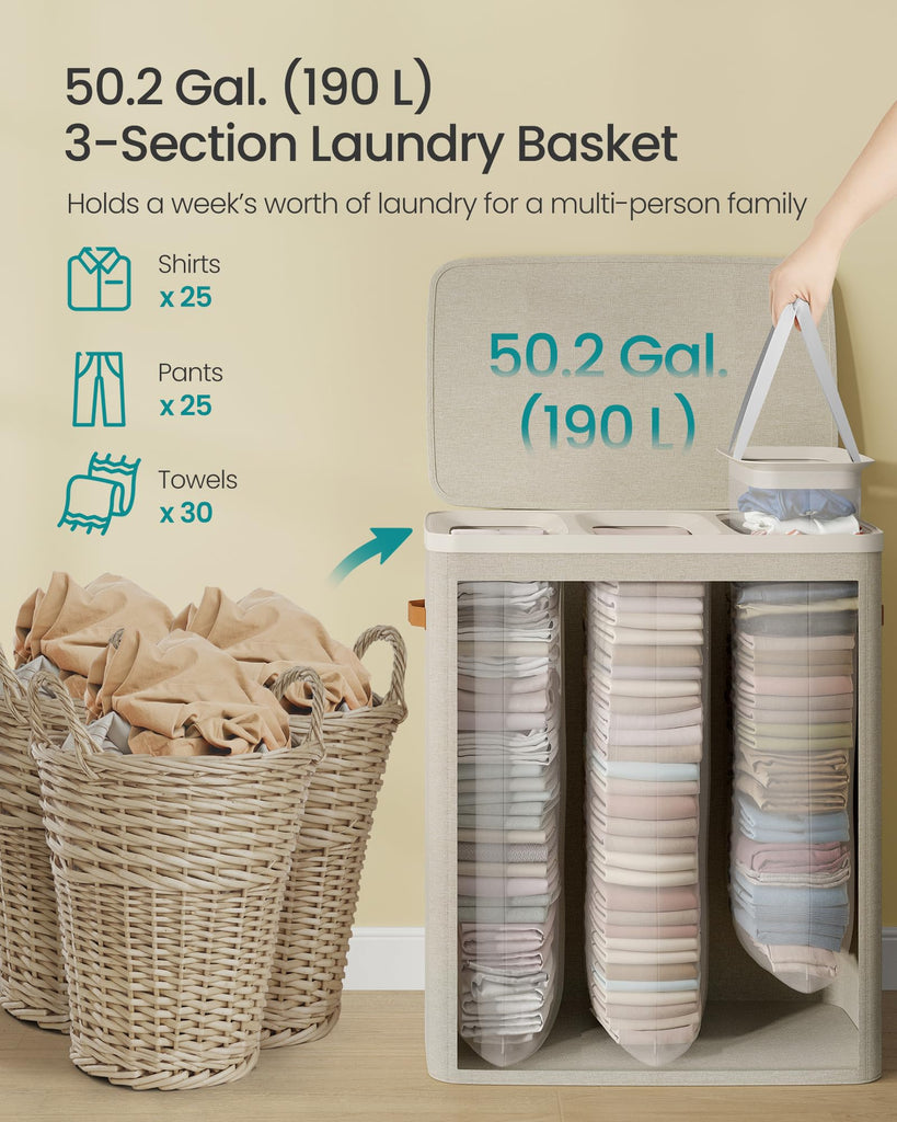 Laundry Basket, 190L Laundry Hamper with Lid, 3 Removable Bags