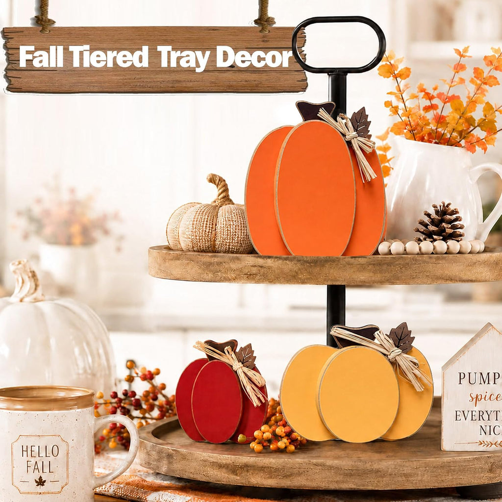Wooden Pumpkin Fall Decor, 3-Piece Indoor Fall Decorations, Rustic Harvest Autumn Thanksgiving Pumpkin Signs - Set of 3