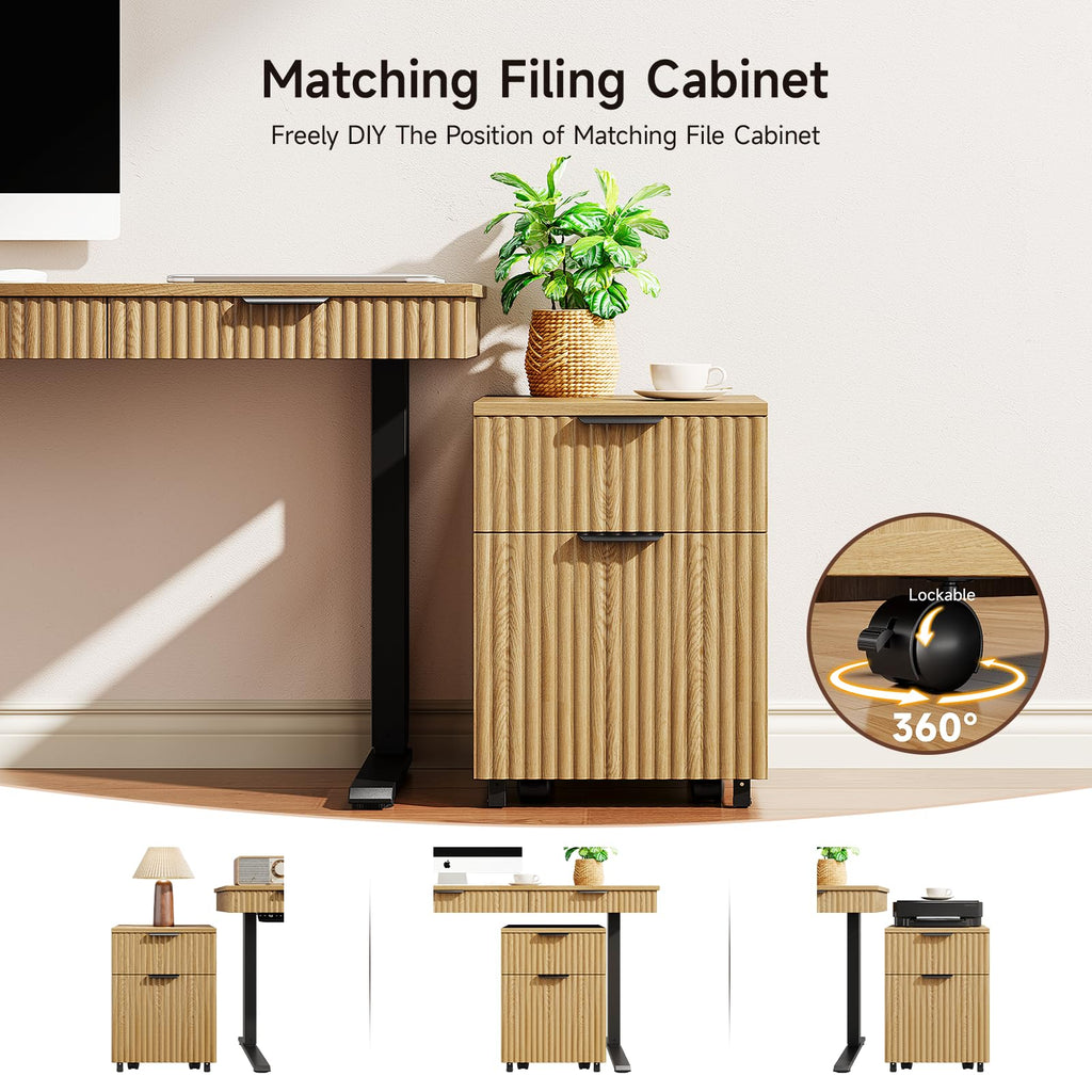 55" Electric Standing Desk with File Cabinet, Height Adjustable, Oak