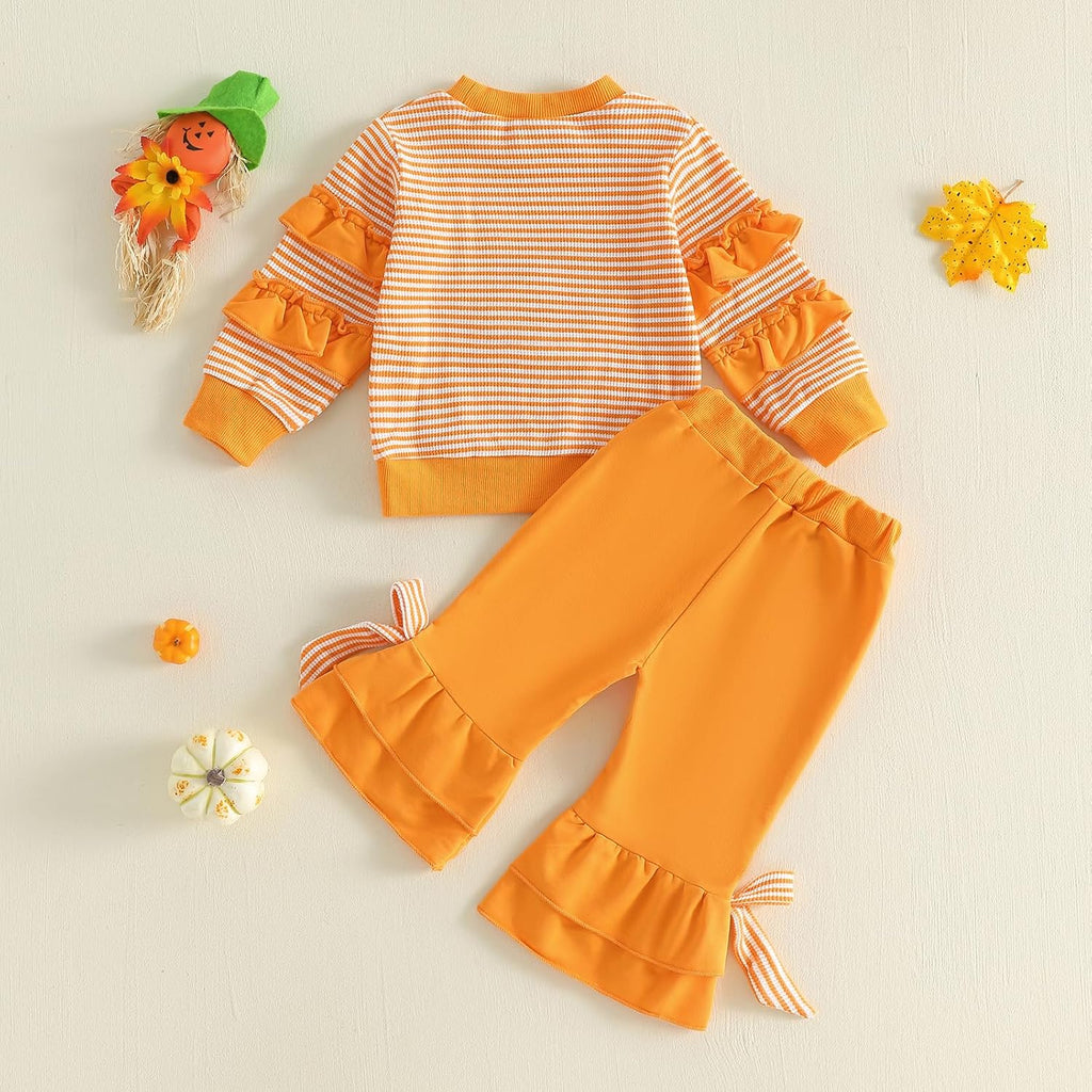 Toddler Baby Girl Valentines Day Outfit Heart Bow Print Ruffle Long Sleeve Sweatshirt Flare Pants 2pcs Clothes Set