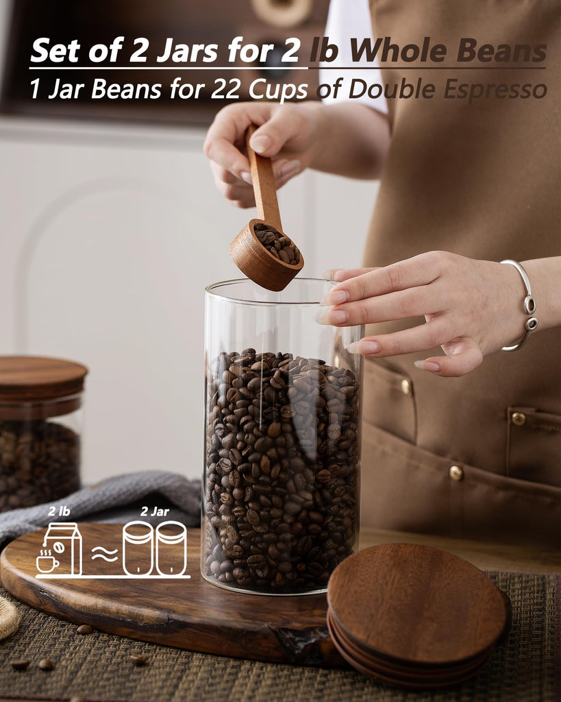 37 oz Coffee Canister with Scoop and Wooden Lids, Airtight Storage Container Sets of 2 for Ground Coffee & Beans