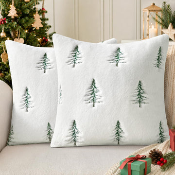 Christmas Pillow Covers 18x18 Set of 2, Embroidered Christmas Tree Sherpa Throw Pillow Covers, Soft Winter Decorative