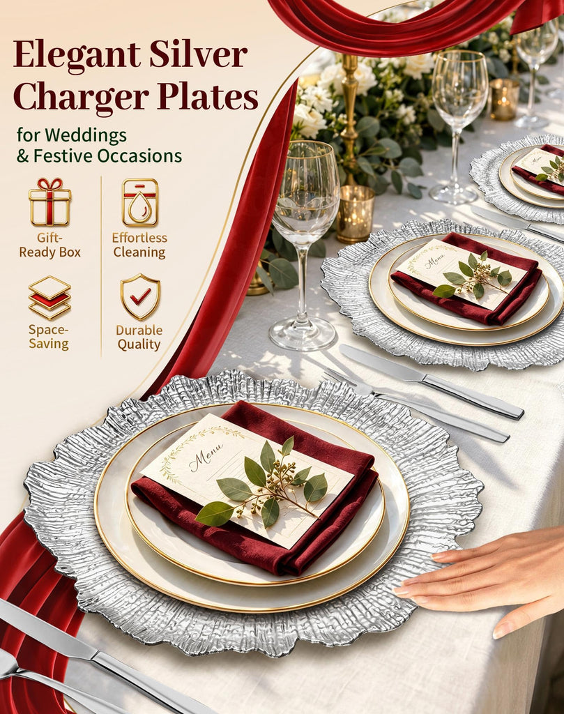 Silver Charger Plates Bulk 50Pcs, 13" Reef Chargers for Wedding