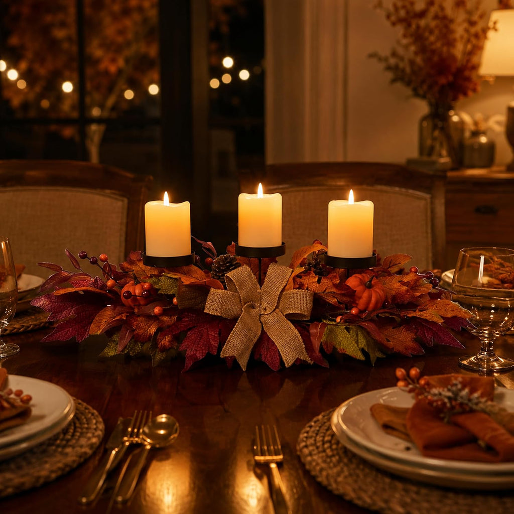 26 Inch Fall Candle Holder Centerpiece with Pumpkins and Burlap Bow | 3 Black Candle Cups with Maple Leaves, Mini