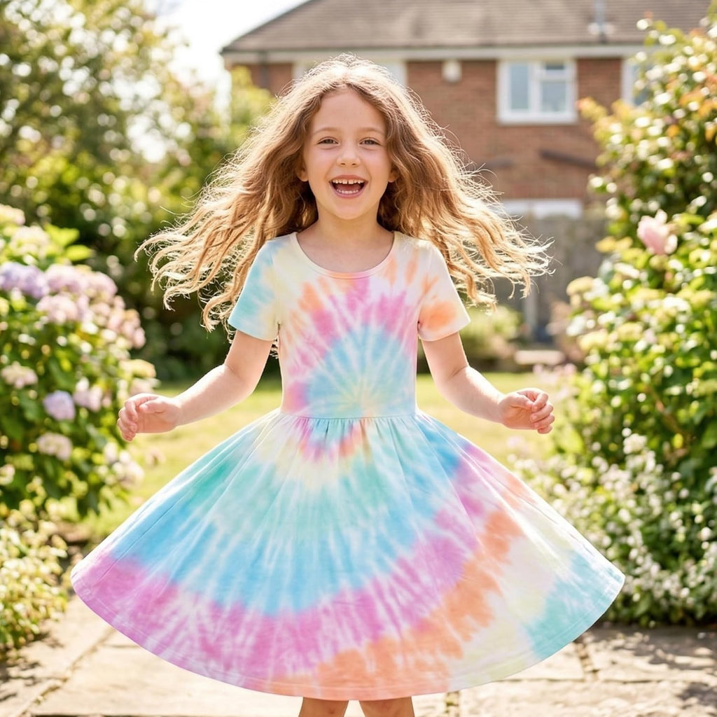 Girls Twirl Dress Girls Short Sleeve Twirly Skater Dress Tie Dye