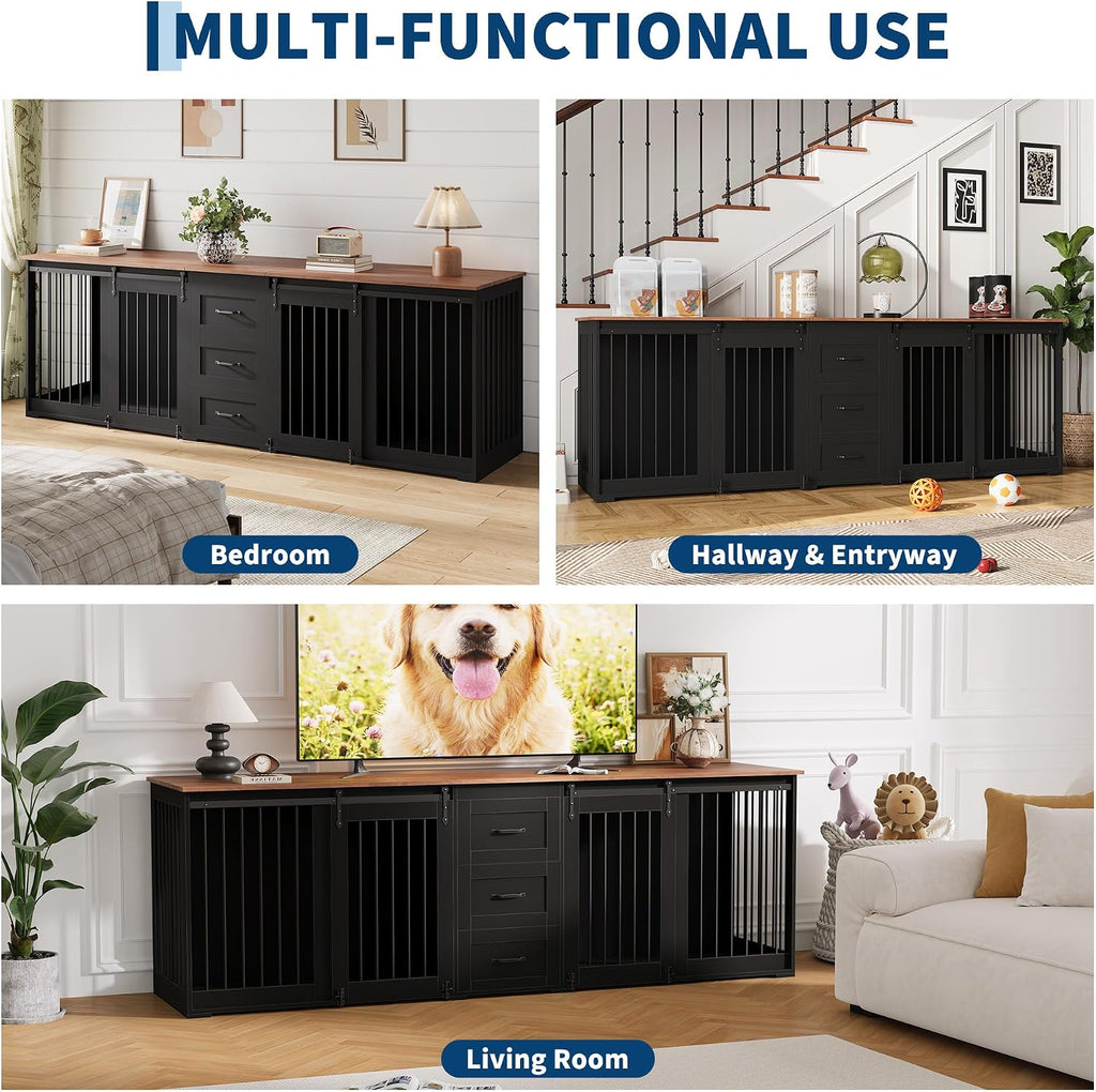 Large Dog Crate Furniture, Farmhouse Double Dog Kennel TV Stand w/ 3 Drawers
