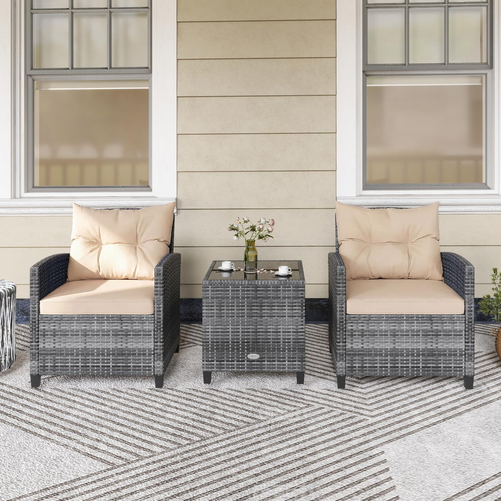 3 Piece Patio Furniture Set, Outdoor PE Rattan Conversation Set with Washable Cushions & Tempered Glass Tabletop