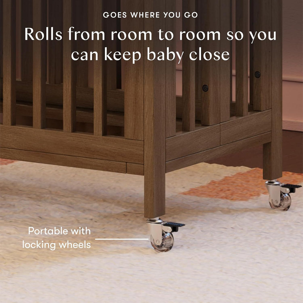 Rolli 9-in-1 Convertible All-Stages Bassinet to Full-Size Crib in Natural Walnut, Greenguard Gold Certified, Portable