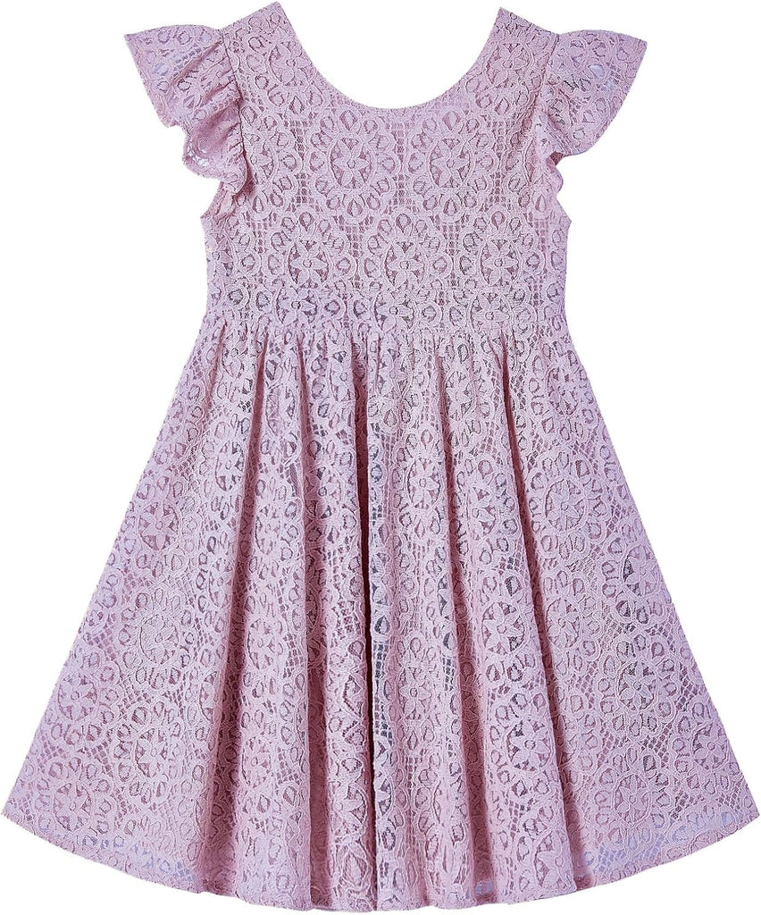 Toddler Girls Backless Flutter Sleeve Lace Party Dress Elastic Waist Bow Kid Casual Dresses