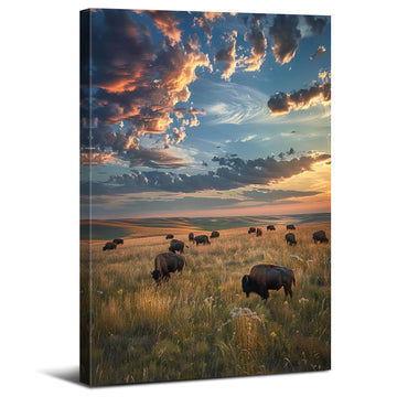 Large Landscape Wall Art Cow Pictures Wall Decor Tallgrass Prairie Scenic Canvas Prints Decor Sunset Nature Scenery