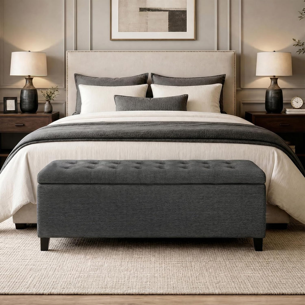 49" Upholstered Storage Bench, Button Tufted End of Bed Bench with Storage, Dual Spring Soft-Close Lid, Bedroom Bench