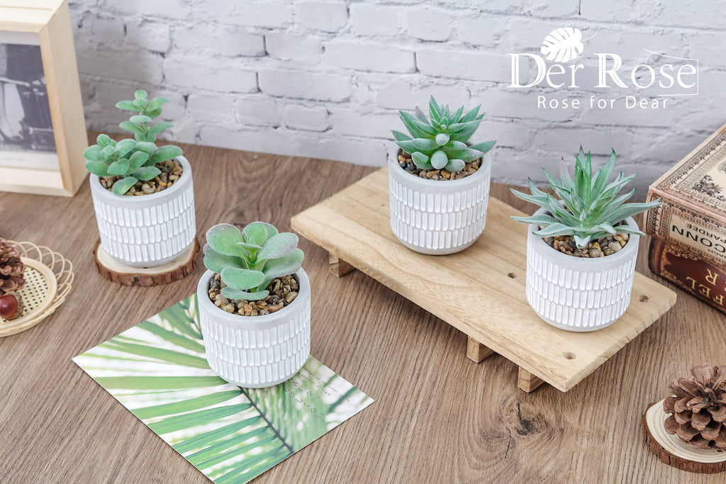 4 Pack Fake Plants in Striped Ceramic Pots Decor