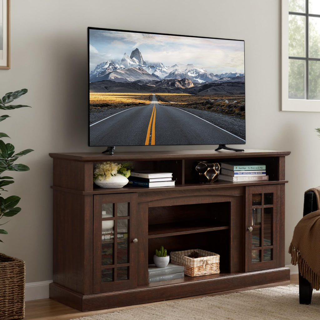 Traditional American Country Style TV Stand with Glass Door, 58"W Large Entertainment Center with Open Shelves, Home
