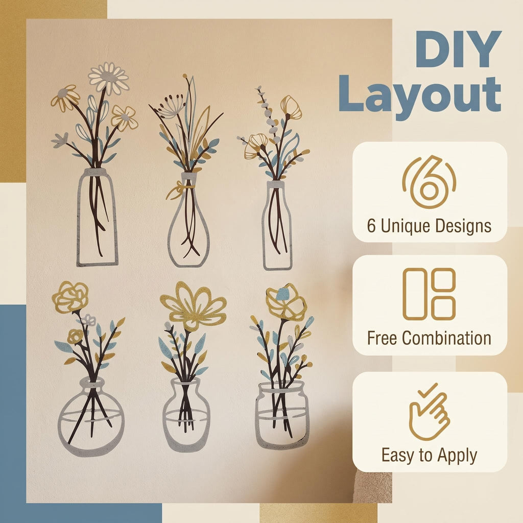 6Pcs Gold Blue Metal Flower Vase Wall Art Botanical Farmhouse Decor